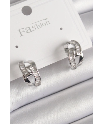 Pirinç Gümüş Renk Zirkon Taşlı Zincir Model Kadın Küpe