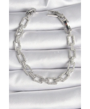 Pirinç Gümüş Renk Zirkon Taşlı Zincir Model VIP Seri Kadın Bileklik