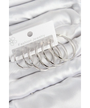 Pirinç Halka Model Gümüş Renk Kadın Set Küpe