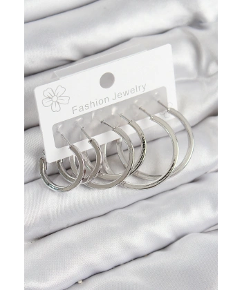 Pirinç Halka Model Gümüş Renk Kadın Set Küpe