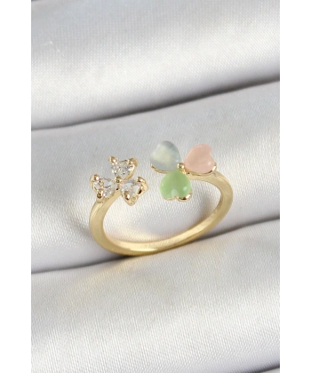 Pirinç Kalp Figürlü Zirkon Taşlı Gold Renk Ayarlanabilir Kadın Yüzük