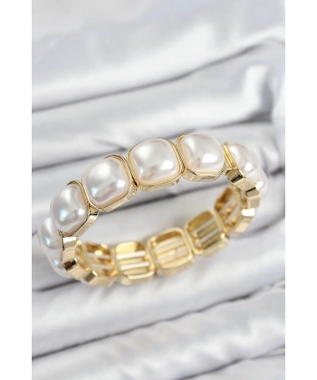 Pirinç Kare İnci Model Gold Renk Lastikli Kadın Bileklik