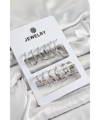 Pirinç Karışık Halka Model Gümüş Renk 6 Çift Kadın Küpe Set