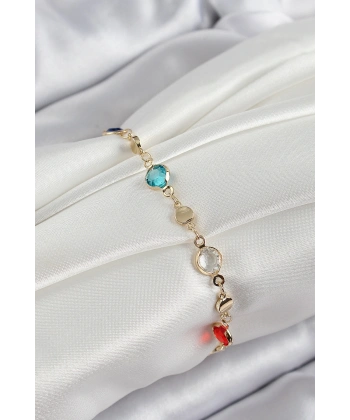 Pirinç Karışık Renk Zirkon Taşlı Gold Renk Kadın Bileklik