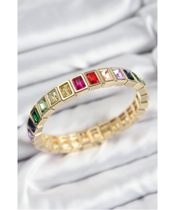 Pirinç Karışık Zirkon Taşlı Dikdörtgen Model Gold Renk Lastikli Kadın Bileklik