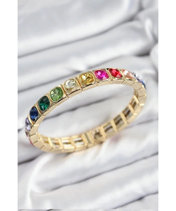 Pirinç Karışık Zirkon Taşlı Kare Model Gold Renk Lastikli Kadın Bileklik