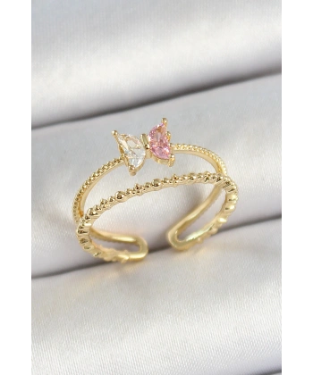 Pirinç Kelebek Figürlü Zirkon Taşlı Gold Renk Ayarlanabilir Kadın Yüzük