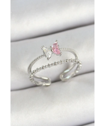 Pirinç Kelebek Figürlü Zirkon Taşlı Gümüş Renk Ayarlanabilir Kadın Yüzük