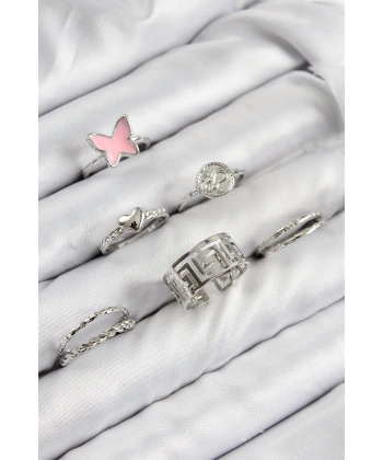 Pirinç Kelebek Ve Kalp Model Gümüş Renk Kadın Yüzük Kombin Set