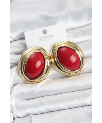 Pirinç Kırmızı Badem Model Vintage Gold Kadın Küpe