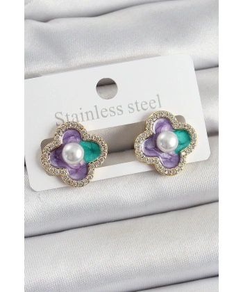 Pirinç Mor Mineli İnci Detaylı Zirkon Taşlı Sanatsal Portre Yonca Model Gold Renk Kadın Küpe