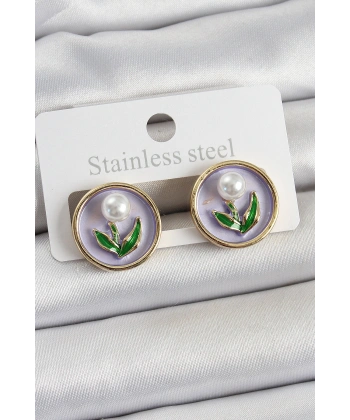 Pirinç Mor Mineli Lale Figürlü Sanatsal Portre Model Gold Renk Kadın Küpe