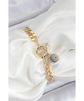 Pirinç Nazar Model Zirkon Taşlı Gold Renk VİP Seri Kadın Bileklik
