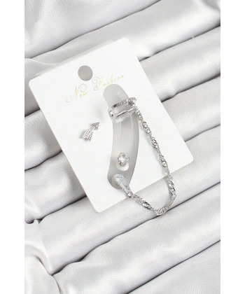 Pirinç Ok Figürlü Zirkon Taşlı Gümüş Renk 3lü Kıkırdak Kadın Küpe Set