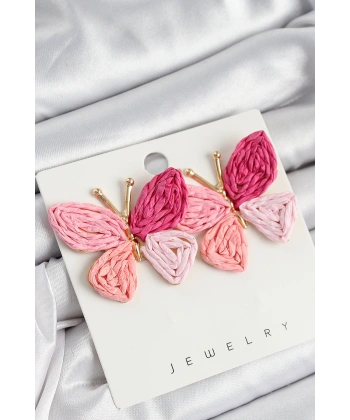 Pirinç Pembe Kelebek Model Gold Renk Kadın Hasır Küpe