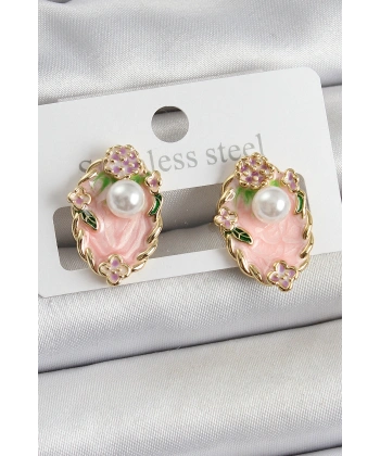 Pirinç Pembe Mineli İnci Detaylı Sanatsal Portre Model Gold Renk Kadın Küpe