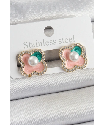 Pirinç Pembe Mineli İnci Detaylı Zirkon Taşlı Sanatsal Portre Yonca Model Gold Renk Kadın Küpe