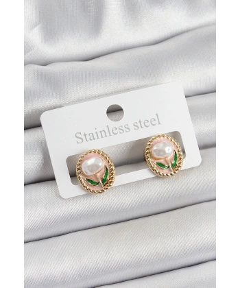 Pirinç Pembe Mineli Lale Figürlü Sanatsal Portre Model Gold Renk Kadın Küpe