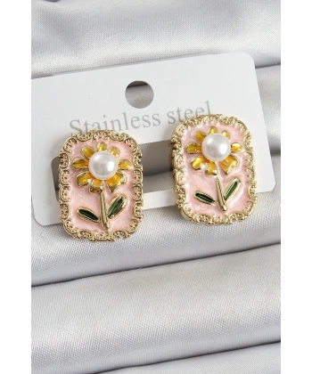 Pirinç Pembe Mineli Papatya Figürlü Sanatsal Portre Model Gold Renk Kadın Küpe