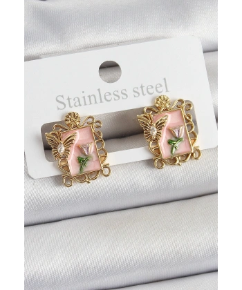 Pirinç Pembe Mineli Sanatsal Portre Model Gold Renk Kadın Küpe