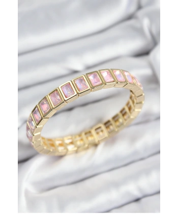 Pirinç Pembe Zirkon Taşlı Dikdörtgen Model Gold Renk Lastikli Kadın Bileklik