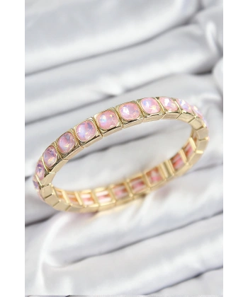 Pirinç Pembe Zirkon Taşlı Kare Model Gold Renk Lastikli Kadın Bileklik