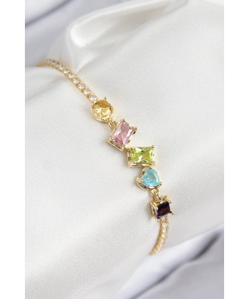 Pirinç Renkli Zirkon Taşlı Geometrik Model Gold Renk Kadın Bileklik