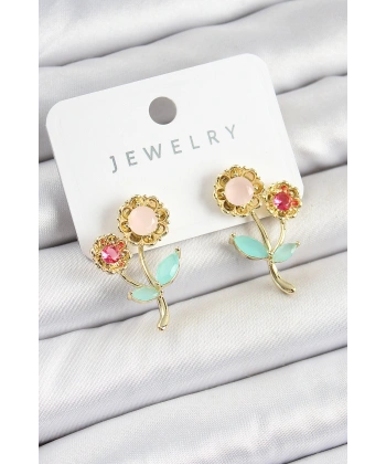 Pirinç Renkli Zirkon Taşlı Papatya Model Gold Renk Kadın Küpe