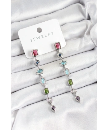 Pirinç Renkli Zirkon Taşlı Sallantılı Model Gümüş Renk Kadın Küpe