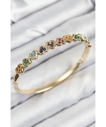 Pirinç Renkli Zirkon Taşlı Sıralı Kalp Model Gold Renk Kadın Kelepçe