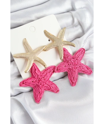 Pirinç Sallantılı Pembe Deniz Yıldızı Model Gold Renk Hasır Küpe