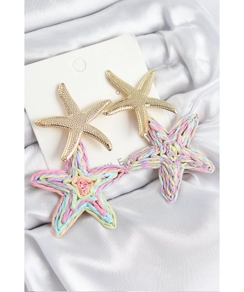 Pirinç Sallantılı Rainbow Deniz Yıldızı Model Gold Renk Hasır Küpe