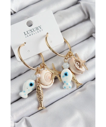 Pirinç Sallantılı Seramik Balık Ve Deniz Kabuğu Model Gold Renk Kadın Küpe