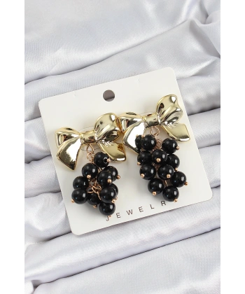 Pirinç Sallantılı Siyah Boncuklu Fiyonk Vintage Model Gold Renk Kadın Küpe