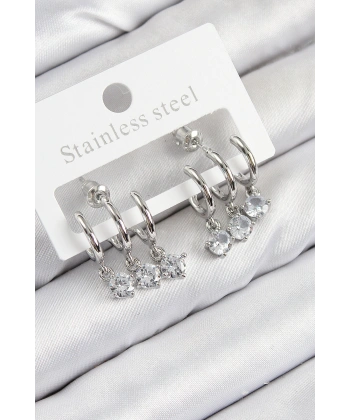 Pirinç Sallantılı Zirkon Taşlı Model Gümüş Renk Kadın Küpe