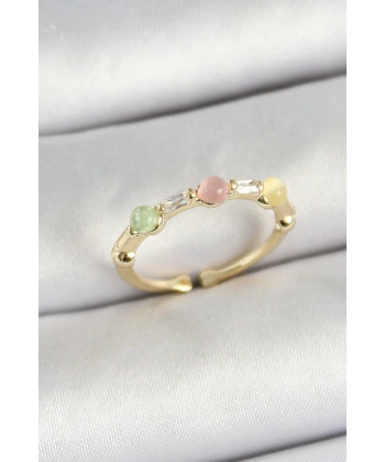 Pirinç Sıralı Boncuk Figürlü Zirkon Taşlı Gold Renk Ayarlanabilir Kadın Yüzük