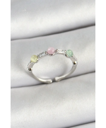 Pirinç Sıralı Boncuk Figürlü Zirkon Taşlı Gümüş Renk Ayarlanabilir Kadın Yüzük