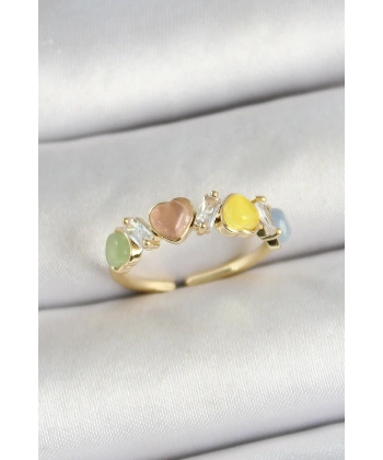 Pirinç Sıralı Kalp Figürlü Zirkon Taşlı Gold Renk Ayarlanabilir Kadın Yüzük