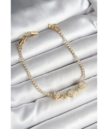 Pirinç Sıralı Kalp Figürlü Zirkon Taşlı Gold Renk Kadın Bileklik