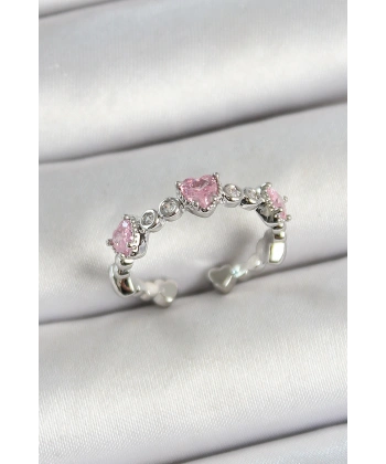 Pirinç Sıralı Kalp Figürlü Zirkon Taşlı Gümüş Renk Ayarlanabilir Kadın Yüzük