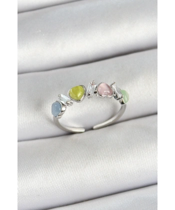 Pirinç Sıralı Kalp Figürlü Zirkon Taşlı Gümüş Renk Ayarlanabilir Kadın Yüzük