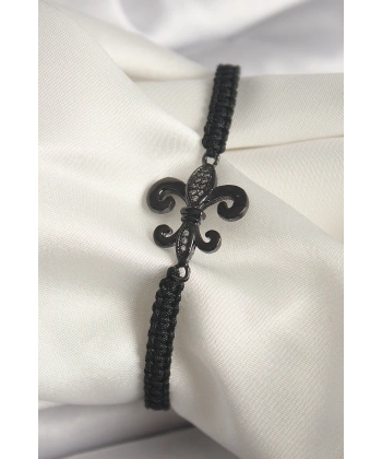 Pirinç Siyah Renk Zirkon Taş İşlemeli Zambak Figür Asansörlü Makrome Model Kadın Bileklik