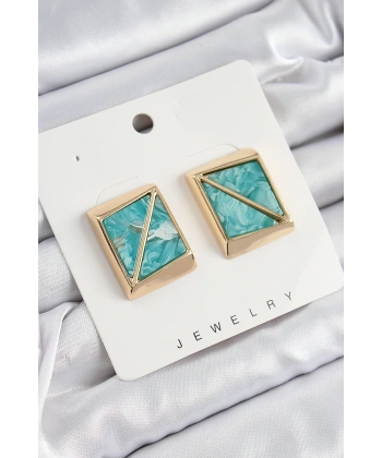 Pirinç Turkuaz Üçgen Kesim Detaylı Kare Model Vintage Gold Renk Kadın Küpe
