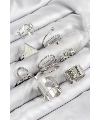 Pirinç Üçgen Model Gümüş Renk Kadın Yüzük Kombin Set