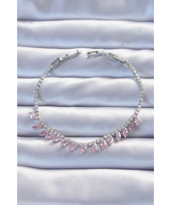 Pirinç Vip Seri Gümüş Renk Pembe Zirkon Taşlı Bileklik