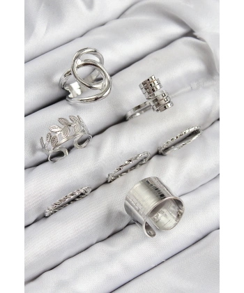 Pirinç Yaprak Model Gümüş Renk Kadın Yüzük Kombin Set