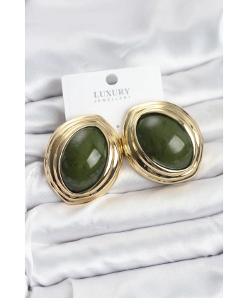 Pirinç Yeşil Badem Model Vintage Gold Kadın Küpe