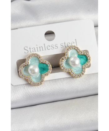 Pirinç Yeşil Mineli İnci Detaylı Zirkon Taşlı Sanatsal Portre Yonca Model Gold Renk Kadın Küpe