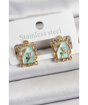 Pirinç Yeşil Mineli Sanatsal Portre Model Gold Renk Kadın Küpe