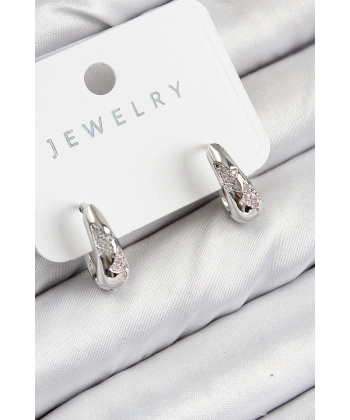 Pirinç Zirkon Taş Desenli Model Gümüş Renk Kadın Küpe